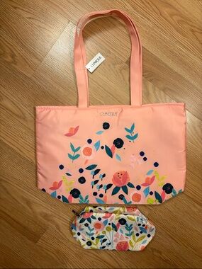 Clinique Coral Pink Floral Tote with Matching Pouch